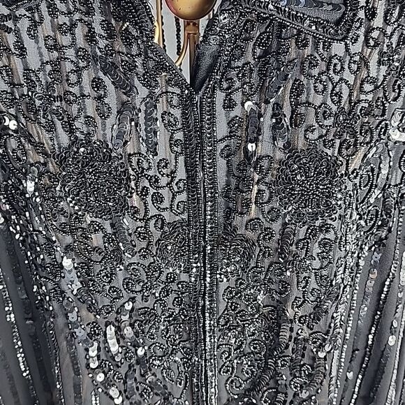 Long Black Beaded & Sequined Sheer Sparkly Holiday Snap Button Jacket Size1X - Picture 4 of 16